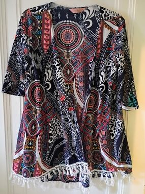 Open Front Geometrical Print Cardigan Blue and red color with Fringe